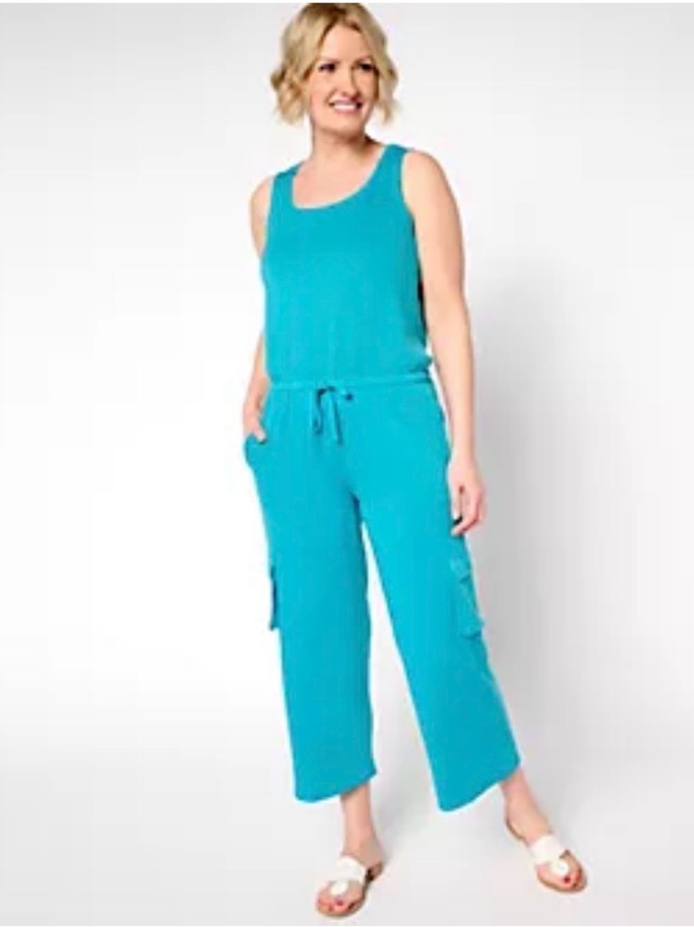 MUK LUKS French Terry Straight Leg Cargo Jumpsuit in Teal size 2X